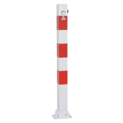 Barrier posts | Steel tube 70 x 70 mm | foldable, with triangular locking mechanism | for casting in concretewith ground socket part-no. 470.60approx. 400 mm below ground | hot-dip galvanized and white coatedwith three red reflecting stripes | without eyelet